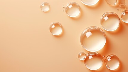 Round drops of transparent serum gel on beige background. - obrazy, fototapety, plakaty