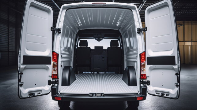 Huge, clean and empty white delivery commercial vehicle trunk in interior of commercial vehicle. Rear view of a red vehicle with open trunk. Generative AI