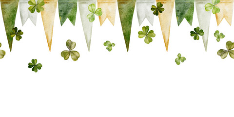 Watercolor hand drawn illustration, Saint Patrick holiday. Seamless border. Ireland tradition, symbols, national colors flags. Isolated on white background. For invitations, print, website, cards.