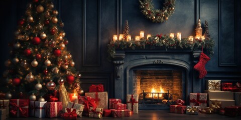 Copy space interior Christmas. Seasonal Celebrations: Magic Christmas Tree and Cozy Fireplace