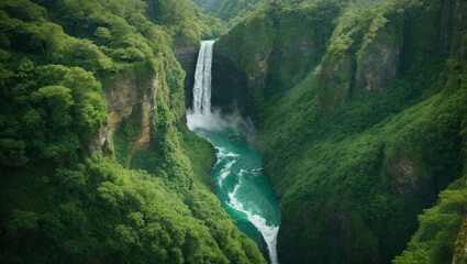 Dramatic aerial view of a massive waterfall cascading into a lush, emerald-green canyon.