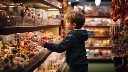 little boy playing at toy store - obrazy, fototapety, plakaty