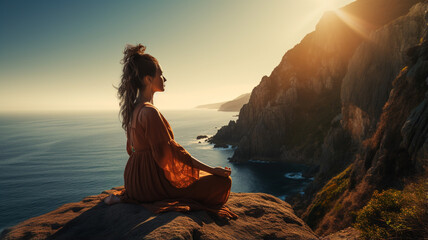young woman meditating in the mountains