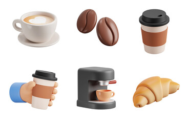 Coffee, 3d icon set. Preparation, drink, coffee to go, dessert. Cup with heart drawing, glass, coffee bean, coffee machine, croissant. 3D object on a transparent background