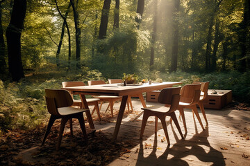 many different pieces of wooden furniture outside in nature, forest, outdoors