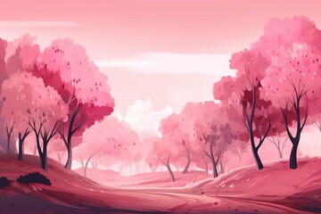 Illustration of dreamy pink landscape with vibrant trees. Generative AI
