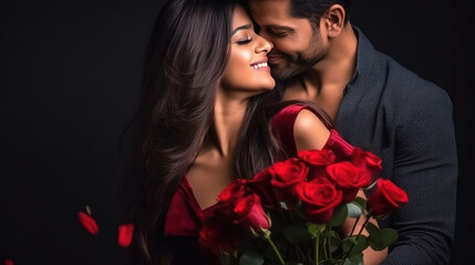 young couple giving romantic pose with red roses at home