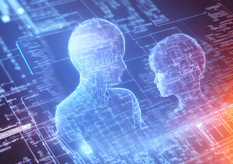 Artificial intelligence and cyborg concept with face and net. Technology and science abstract background.