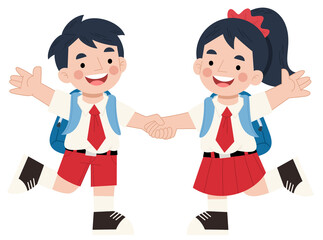 Boy and girl ready for school cartoon illustration