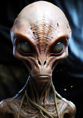 Naklejka premium Intergalactic Gaze: A Poster Depicting a Grey Alien Looking into the Camera, Unveiling the Mysteries of Extraterrestrial Existence, Crafted by Generative AI