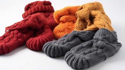Cozy Knitted Socks and Hats on White Background, generative AI