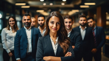 Confident and successful businesspeople group standing at office. - obrazy, fototapety, plakaty