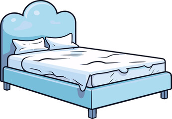 A cozy, comic-style bed featuring simple, flat colors in a minimalistic vector illustration.