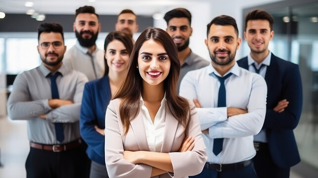 Confident and successful businesspeople group standing at office.