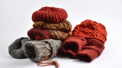 Cozy Knitted Socks and Hats on White Background, generative AI