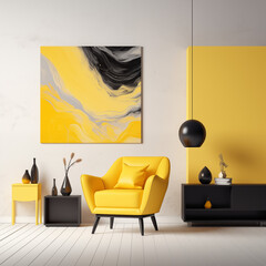 Modern Interior: Yellow Armchair, Side Table, and a Large Abstract Yellow Painting, Embracing Minimalism