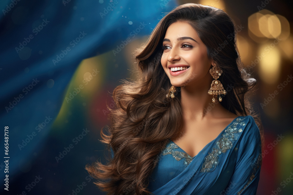 Poster Beautiful and attractive indian woman wearing jewelery smiling.