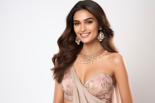 Beautiful and attractive indian woman wearing jewelery smiling.
