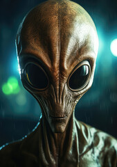 Intergalactic Gaze: A Poster Depicting a Grey Alien Looking into the Camera, Unveiling the Mysteries of Extraterrestrial Existence, Crafted by Generative AI