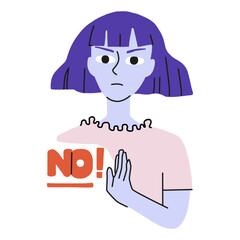 The girl refuses. Modern cartoon vector illustration of a woman saying no and making a hand gesture. Flat style