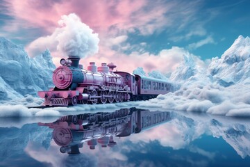 Amidst a winter wonderland, a majestic locomotive chugs through the snowy landscape, its billowing steam blending with the clouds above and reflecting in the tranquil waters of a nearby lake