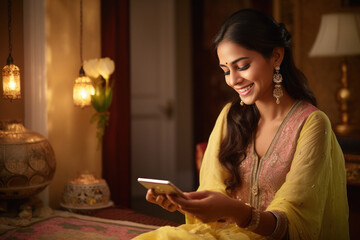 Young indian woman using smartphone at home.