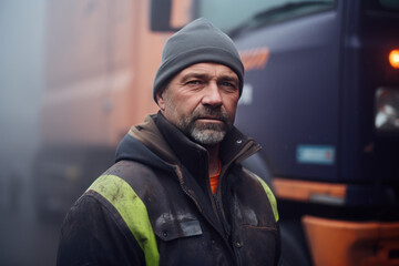 portrait d'un éboueur devant son camion en gilet jaune et tenue de travail le matin avant sa tournée