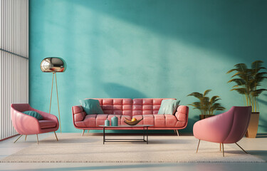 d rendering of a turquoise living room, in the style of light aquamarine and pink, modern urban,...