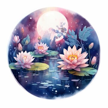 Floral Moon and Water Lilies on a white background.