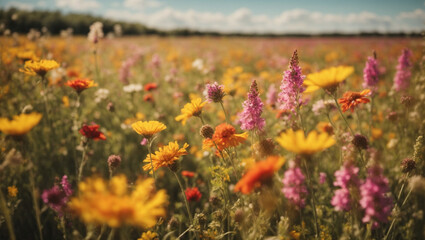 Stunning time-lapse of a vibrant field of wildflowers swaying in the breeze on a sunny day.