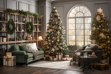 living room with christmas tree and decorations