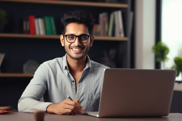 Young indian college boy smiling while using laptop - obrazy, fototapety, plakaty
