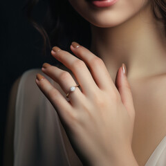 Close view of female hand with wearing ring in finger