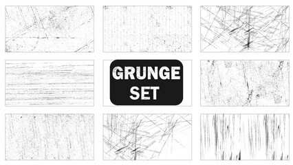 A set of eight grunge textures. Black scuffs on a white background. Vector illustration.
