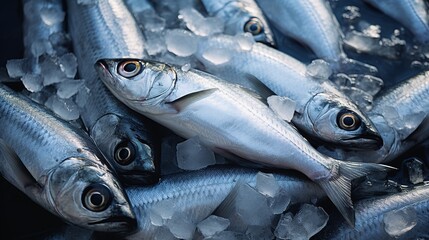 fresh sardine fish on ice - obrazy, fototapety, plakaty