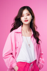 A young Chinese girl model wearing vivid color high-end design clothes