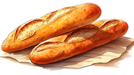 illustration of loafs of baguette on table cloth - obrazy, fototapety, plakaty