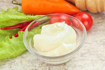 Organic mayonnaise sauce in the bowl