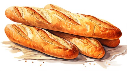 illustration of loafs of baguette on table cloth - obrazy, fototapety, plakaty