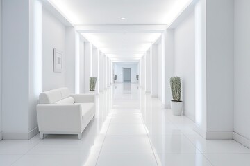 Interior design of a modern luxurious white building corridor or hallway with waiting seat.