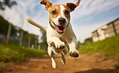 Jack Russel Parson Dog Run Toward The Camera Low Angle High Speed Shot.