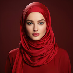 Fototapeta premium beautiful women wearing red hijab on vivid color background