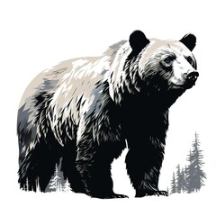 brown bear illustration in the forest - obrazy, fototapety, plakaty