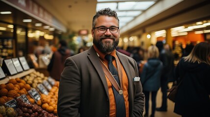 Obraz premium A plus-size well-dressed businessman posing next to a vibrant fruit market
