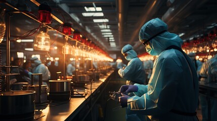 Workers in a bustling factory engaged in industrial production