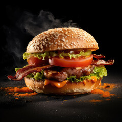 Photo studio of a bacon burger isolated on a dark background