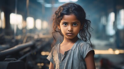 Small Indian girl portrait with blurred textile factory background, Illegal child labour in sweatshop manufacturing concept, documentary style
