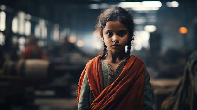 Small Indian girl portrait with blurred textile factory background, Illegal child labour in sweatshop manufacturing concept, documentary style
