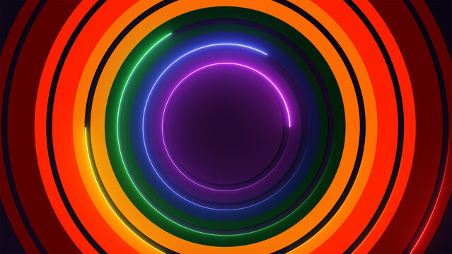 3d render, abstract colorful neon glowing circle on black background.