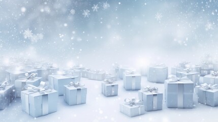 White and light blue Christmas gift boxes. Minimalistic festive background, horizontal web banner with copy space. A cardboard box with a surprise inside with a satin ribbon and a bow. Generative AI.
